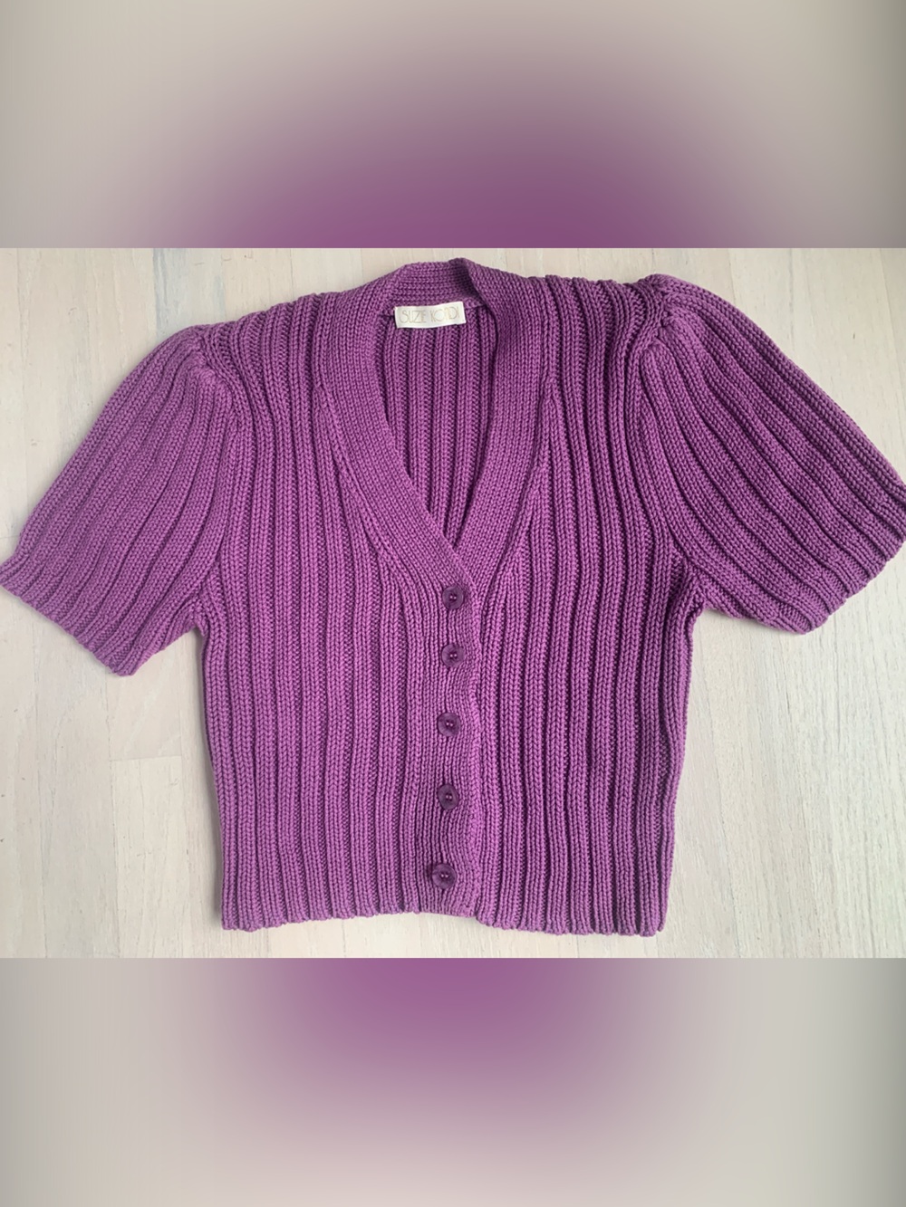 Suzi Kondi puffed Sleeve cotton Purple Ribbed Button-Front sweater